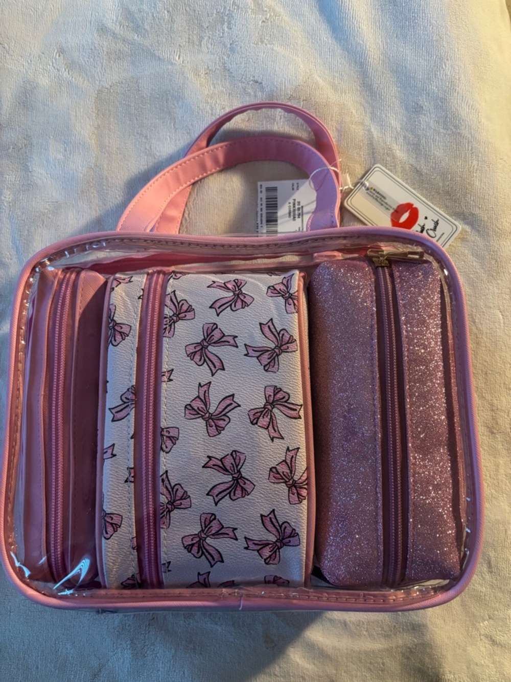 Pink Girls' Clear Travel Bag Set with Bow Print Pouches